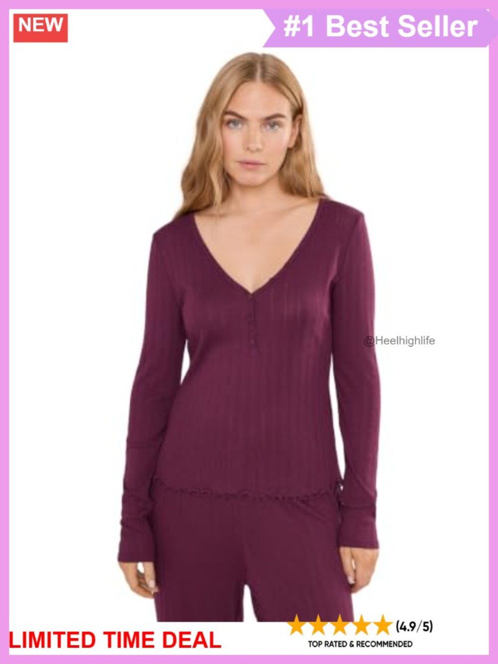 Pointelle V-Neck Long Sleeve Henley Pajama Top